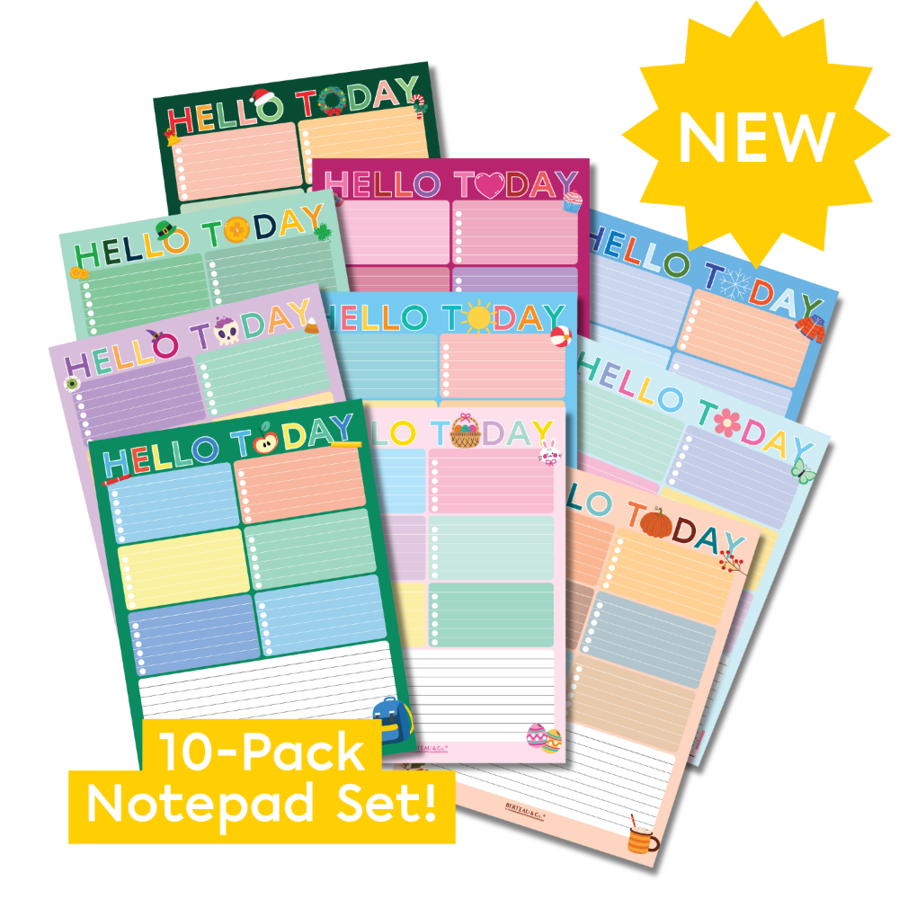 Set of colorful notepads with 'Hello Today' text, labeled as a 10-pack set.